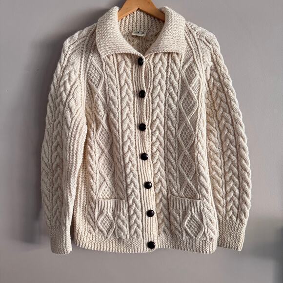 Inishowen Hand Knitted Wool Irish Cable Knit Cardigan Fisherman Sweater - Picture 1 of 5
